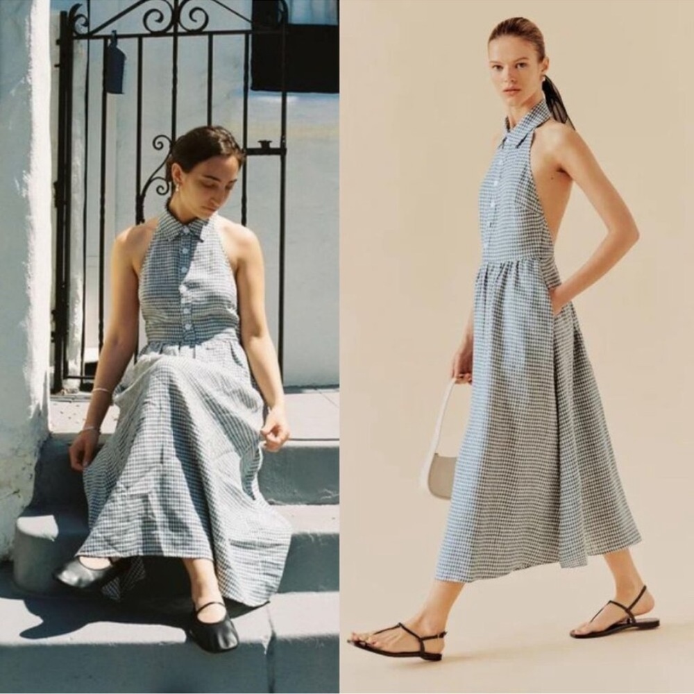 NEW Reformation Tace Halter Blue White Gingham Linen Midi Dress Slate Navy 12 - Picture 2 of 9